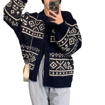 Cardigan džemper s geometrijskim uzorkom romba, široki kroj, alpaka vunena smjesa, V-izrez, prednji gumbi