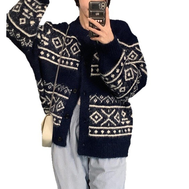 Cardigan džemper s geometrijskim uzorkom romba, široki kroj, alpaka vunena smjesa, V-izrez, prednji gumbi