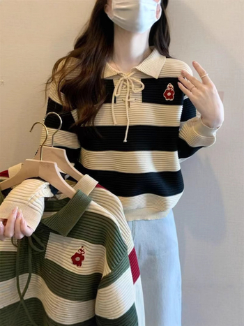 Laiska lõikega džemper polosärgiga, triibuline ja ruuduline muster, pikad varrukad, jaapani-korea vaba stiil, kudum