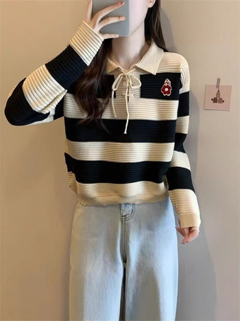 Laiska lõikega džemper polosärgiga, triibuline ja ruuduline muster, pikad varrukad, jaapani-korea vaba stiil, kudum