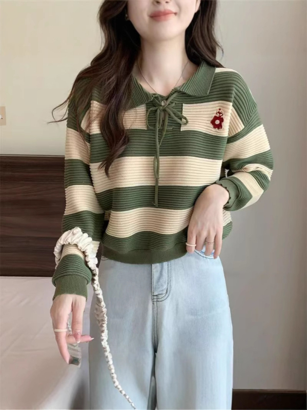 Laiska lõikega džemper polosärgiga, triibuline ja ruuduline muster, pikad varrukad, jaapani-korea vaba stiil, kudum