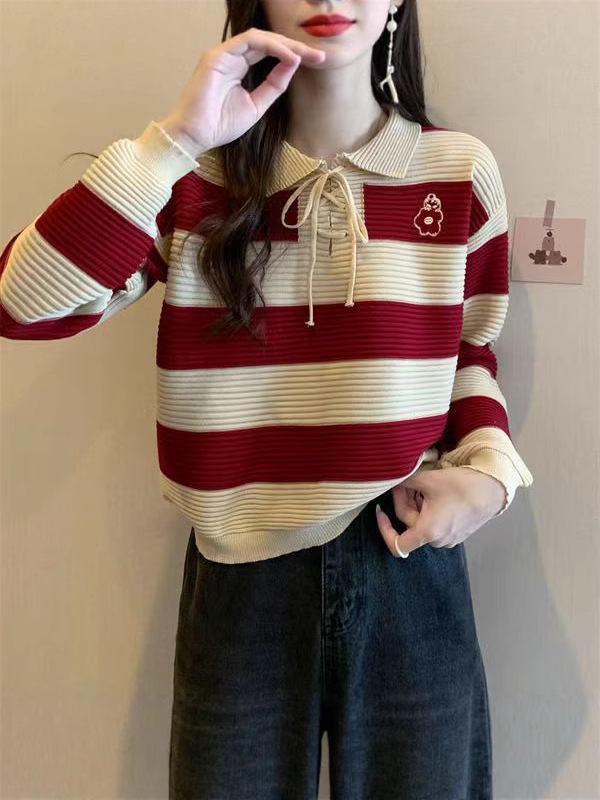 Laiska lõikega džemper polosärgiga, triibuline ja ruuduline muster, pikad varrukad, jaapani-korea vaba stiil, kudum