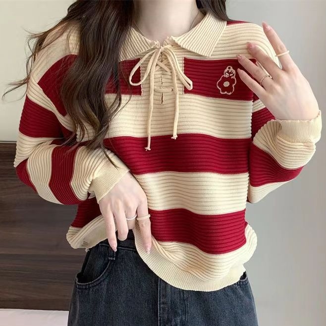 Laiska lõikega džemper polosärgiga, triibuline ja ruuduline muster, pikad varrukad, jaapani-korea vaba stiil, kudum