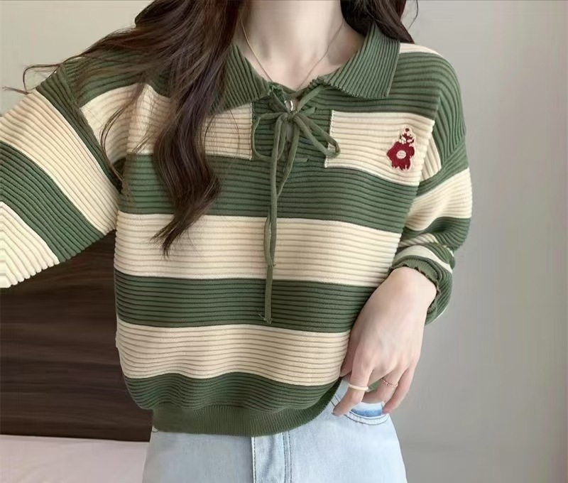 Laiska lõikega džemper polosärgiga, triibuline ja ruuduline muster, pikad varrukad, jaapani-korea vaba stiil, kudum