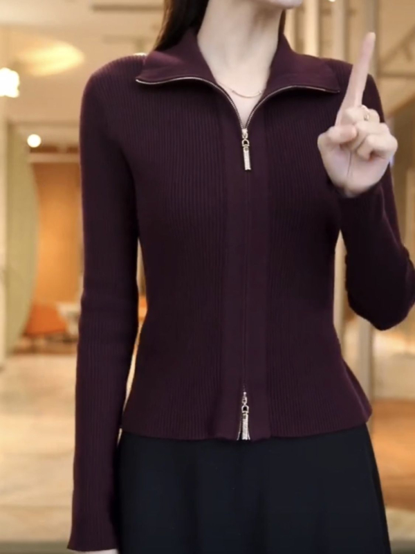 Elegantni pleteni kardigan za jesen/zimu, slim-fit, jednobojne boje, s dvostrukim zatvaračem