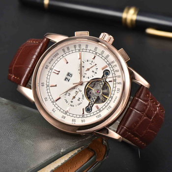 Muški automatski mehanički sat s tourbillonom i kalendarom — kućište od nehrđajućeg čelika, kožni remen