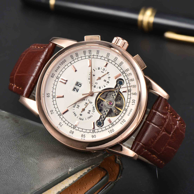 Muški automatski mehanički sat s tourbillonom i kalendarom — kućište od nehrđajućeg čelika, kožni remen