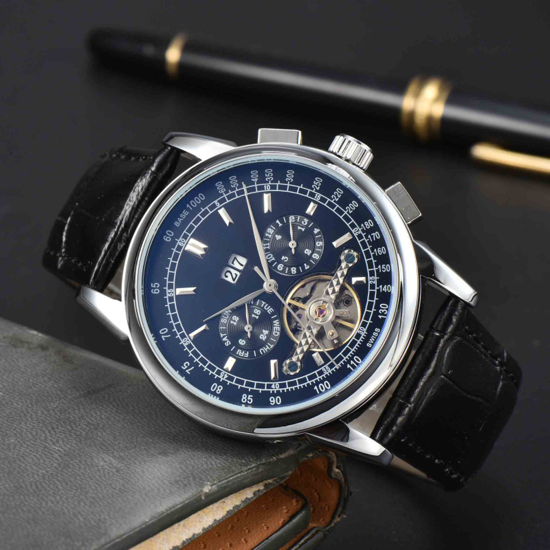 Muški automatski mehanički sat s tourbillonom i kalendarom — kućište od nehrđajućeg čelika, kožni remen