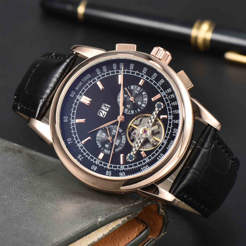 Muški automatski mehanički sat s tourbillonom i kalendarom — kućište od nehrđajućeg čelika, kožni remen