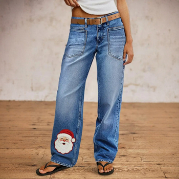 Τζιν με χριστουγεννιάτικο σχέδιο, ίσια γραμμή, μέση μεσαίου ύψους, ντένιμ 70–80% βαμβάκι και πολυεστέρα