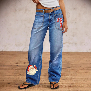 Τζιν με χριστουγεννιάτικο σχέδιο, ίσια γραμμή, μέση μεσαίου ύψους, ντένιμ 70–80% βαμβάκι και πολυεστέρα