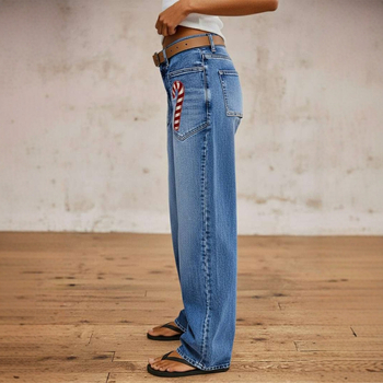 Τζιν με χριστουγεννιάτικο σχέδιο, ίσια γραμμή, μέση μεσαίου ύψους, ντένιμ 70–80% βαμβάκι και πολυεστέρα