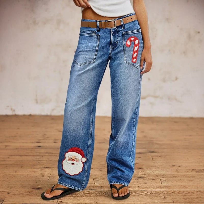 Τζιν με χριστουγεννιάτικο σχέδιο, ίσια γραμμή, μέση μεσαίου ύψους, ντένιμ 70–80% βαμβάκι και πολυεστέρα