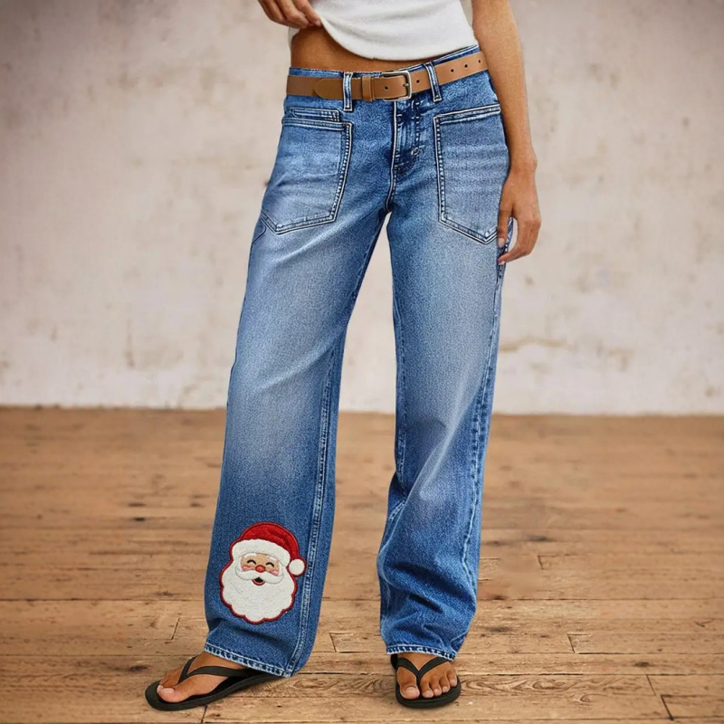 Τζιν με χριστουγεννιάτικο σχέδιο, ίσια γραμμή, μέση μεσαίου ύψους, ντένιμ 70–80% βαμβάκι και πολυεστέρα