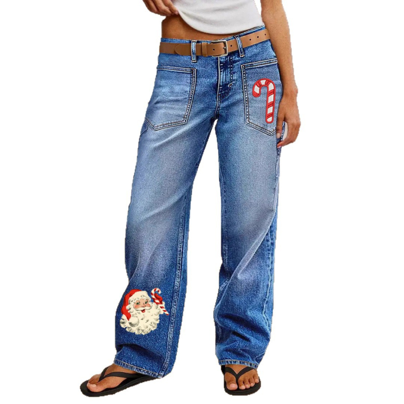 Τζιν με χριστουγεννιάτικο σχέδιο, ίσια γραμμή, μέση μεσαίου ύψους, ντένιμ 70–80% βαμβάκι και πολυεστέρα