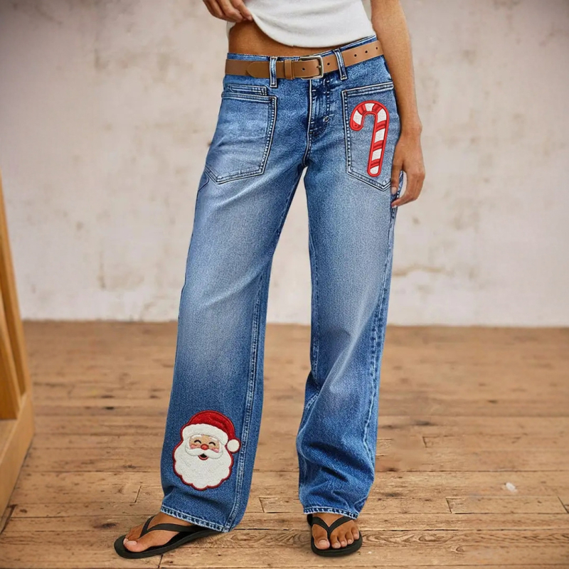 Τζιν με χριστουγεννιάτικο σχέδιο, ίσια γραμμή, μέση μεσαίου ύψους, ντένιμ 70–80% βαμβάκι και πολυεστέρα