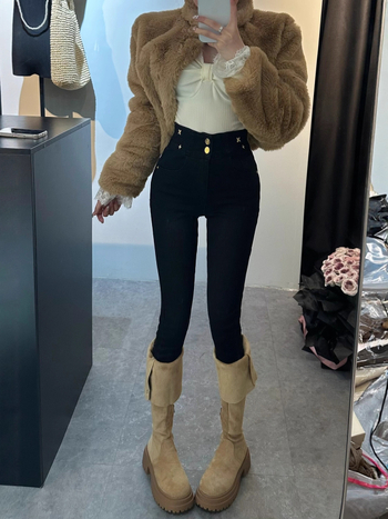 Veluurvoodriga skinny-jeans kõrge vöökoht, denimpuuvill, mikroelastsus, 3/4 pikkus, pestud muster