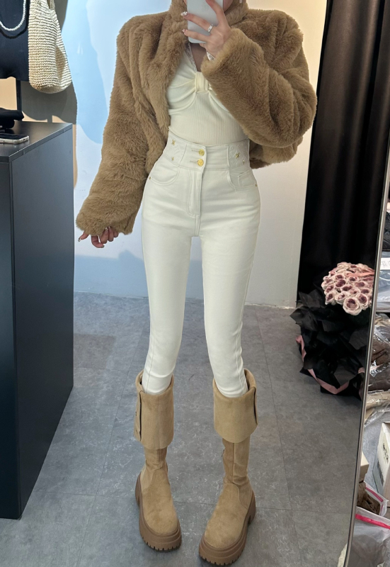 Veluurvoodriga skinny-jeans kõrge vöökoht, denimpuuvill, mikroelastsus, 3/4 pikkus, pestud muster