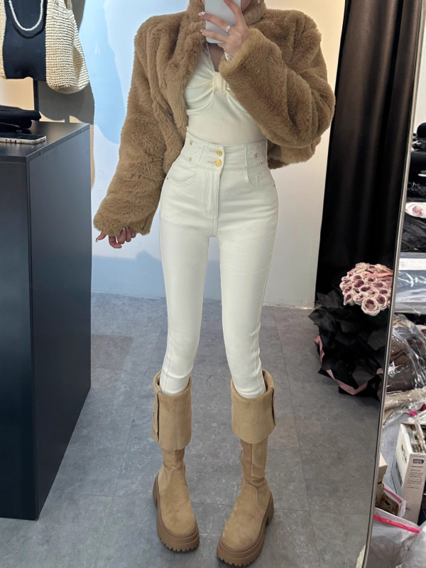 Veluurvoodriga skinny-jeans kõrge vöökoht, denimpuuvill, mikroelastsus, 3/4 pikkus, pestud muster