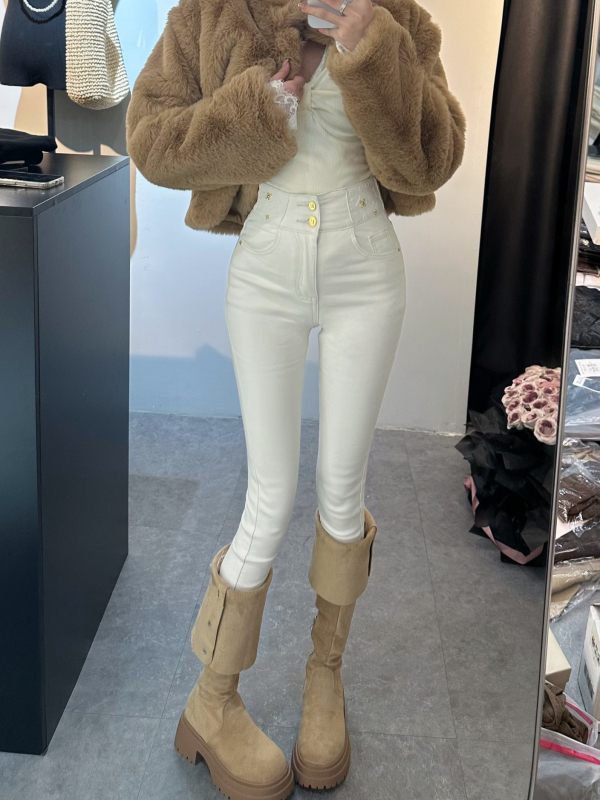 Veluurvoodriga skinny-jeans kõrge vöökoht, denimpuuvill, mikroelastsus, 3/4 pikkus, pestud muster