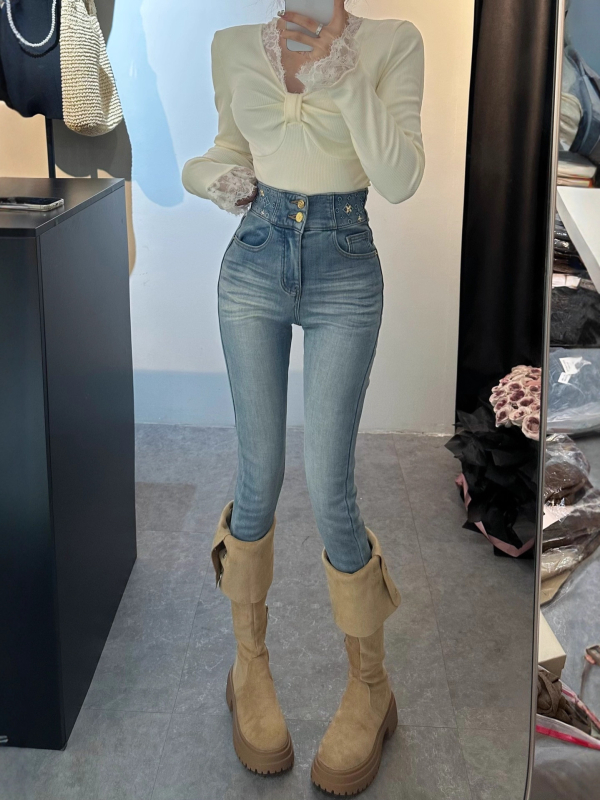 Veluurvoodriga skinny-jeans kõrge vöökoht, denimpuuvill, mikroelastsus, 3/4 pikkus, pestud muster