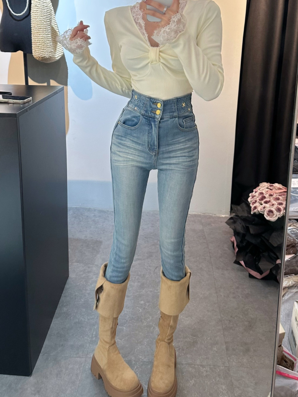 Veluurvoodriga skinny-jeans kõrge vöökoht, denimpuuvill, mikroelastsus, 3/4 pikkus, pestud muster