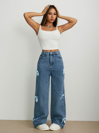 Džinsid denim kõrge vöökoht ja sirge lõige, puuvill-poliesteri segu 50–70%/30–50%, kevad 2025