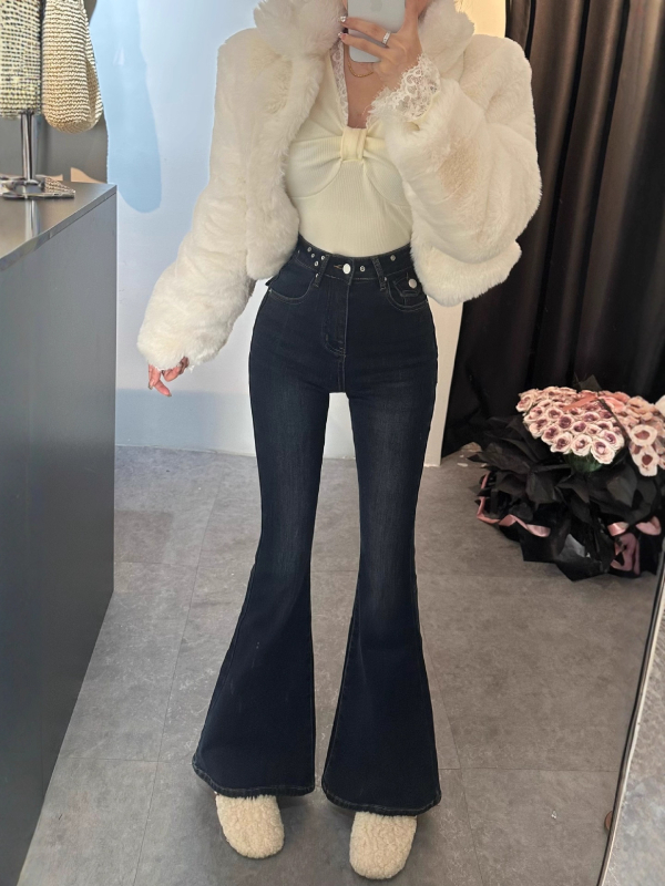 Naistele denimist džinsid, puuvillane, kõrge vöökoht, flared siluett, mikroelastsus, veluurvooder