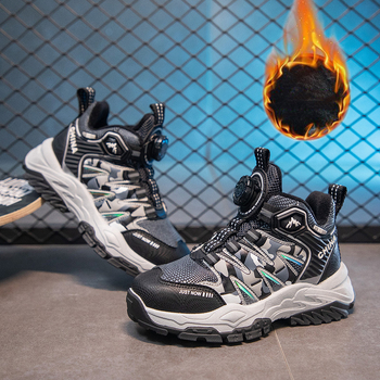 Pantofi de drumeție pentru băieți, închidere cu nasture rotativ, exterior din piele sintetică, talpă din cauciuc, respirabili și ușori