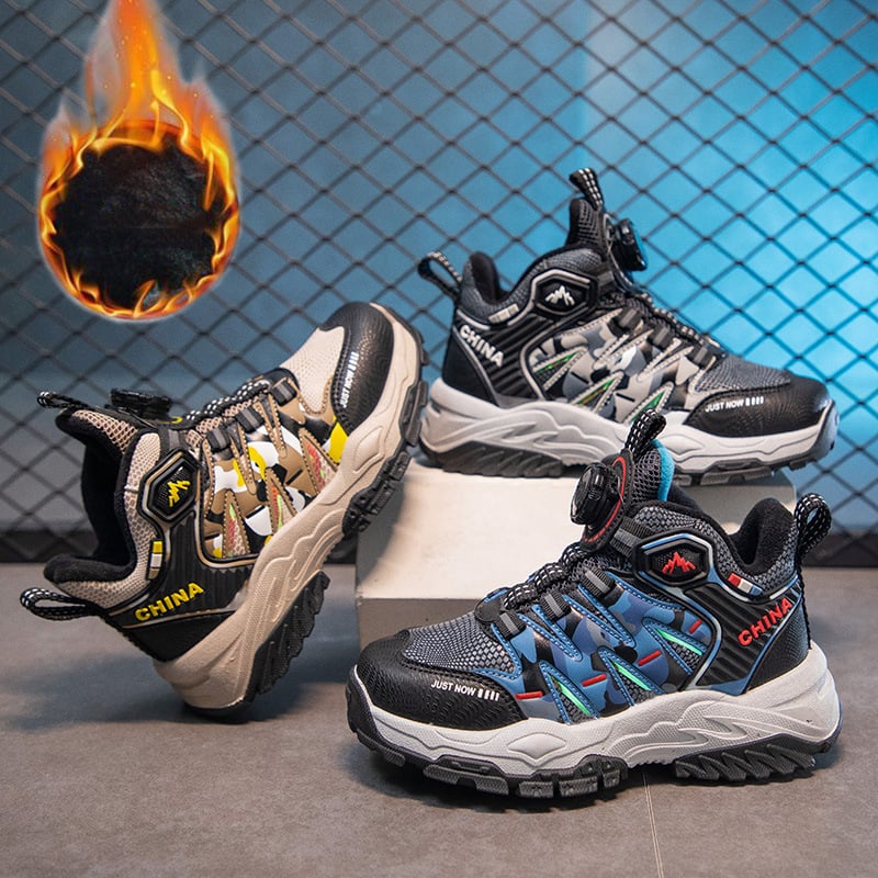 Pantofi de drumeție pentru băieți, închidere cu nasture rotativ, exterior din piele sintetică, talpă din cauciuc, respirabili și ușori