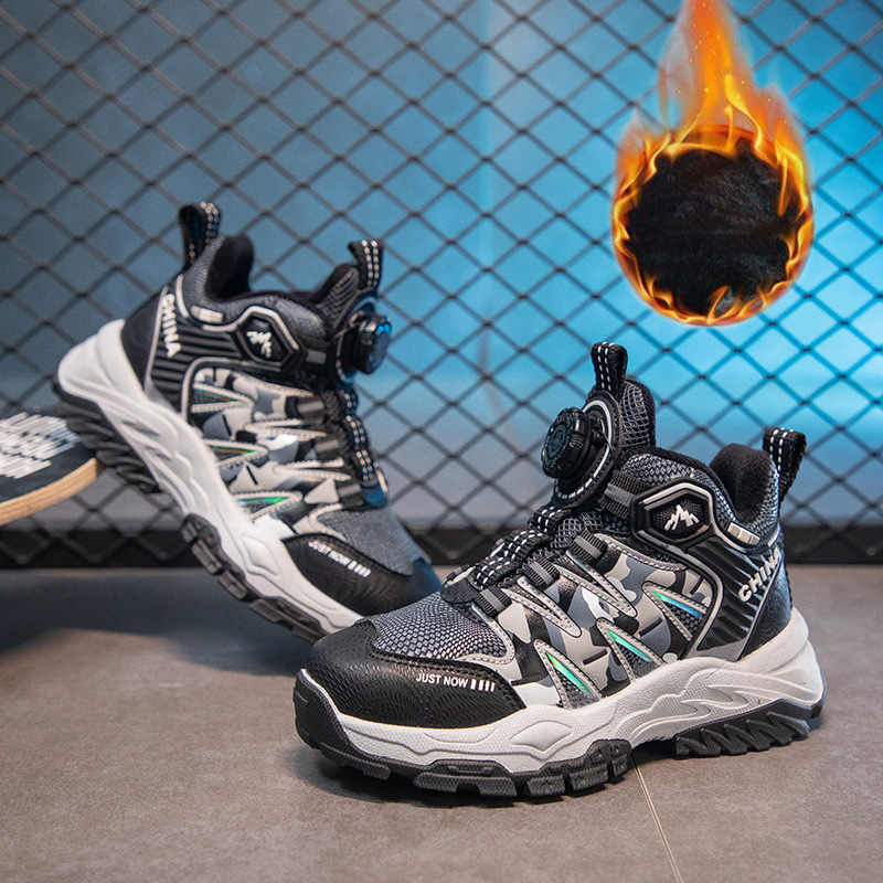 Pantofi de drumeție pentru băieți, închidere cu nasture rotativ, exterior din piele sintetică, talpă din cauciuc, respirabili și ușori