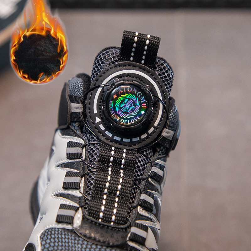 Pantofi de drumeție pentru băieți, închidere cu nasture rotativ, exterior din piele sintetică, talpă din cauciuc, respirabili și ușori