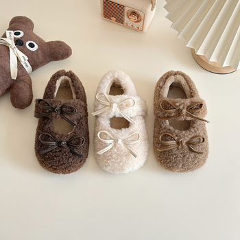 Dječji pahuljasti loafers s Velcro kopčom, okrugli vrh, ravna potplata, zimski stil, korejski stil