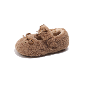 Dječji pahuljasti loafers s Velcro kopčom, okrugli vrh, ravna potplata, zimski stil, korejski stil
