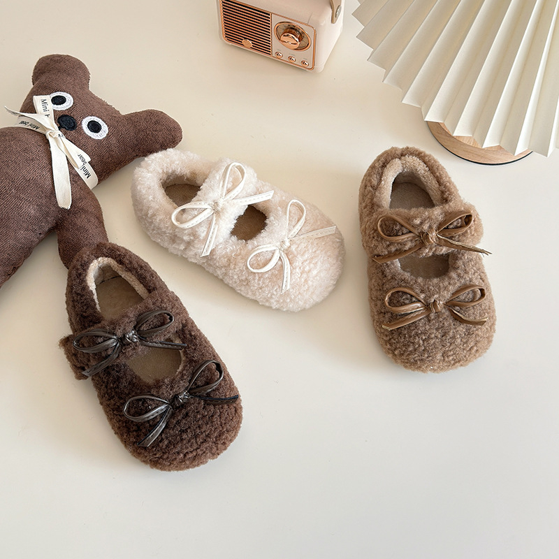 Dječji pahuljasti loafers s Velcro kopčom, okrugli vrh, ravna potplata, zimski stil, korejski stil