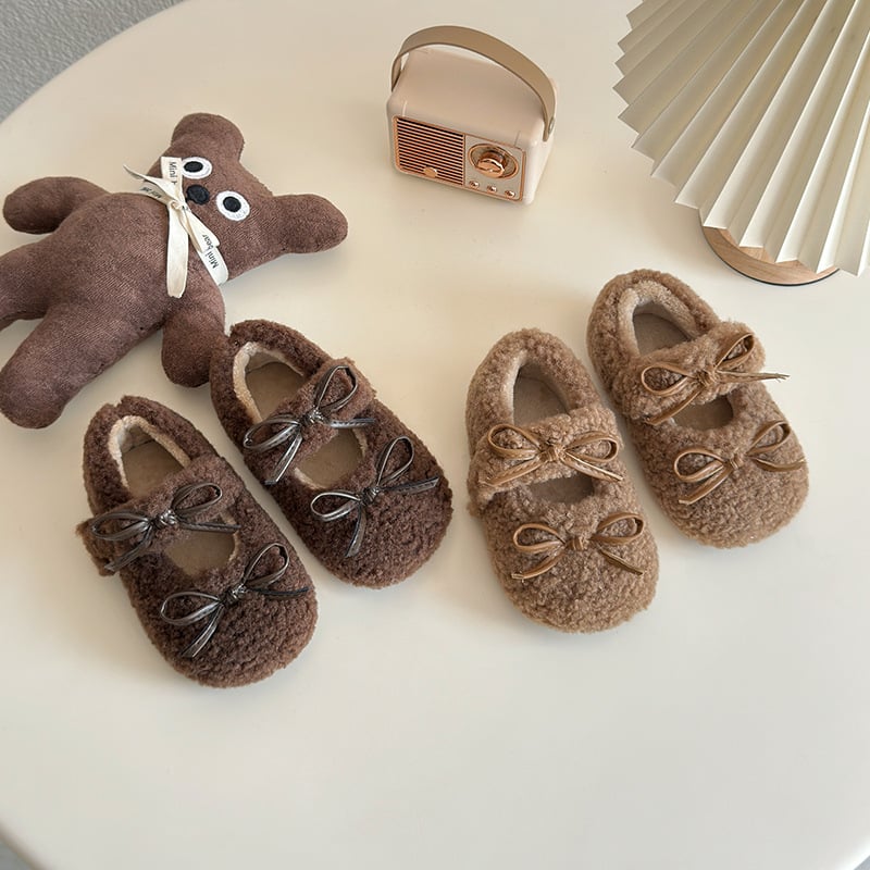 Dječji pahuljasti loafers s Velcro kopčom, okrugli vrh, ravna potplata, zimski stil, korejski stil