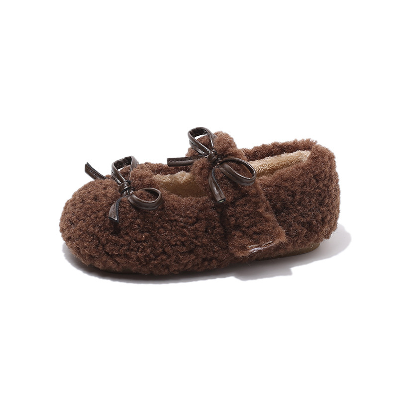 Dječji pahuljasti loafers s Velcro kopčom, okrugli vrh, ravna potplata, zimski stil, korejski stil