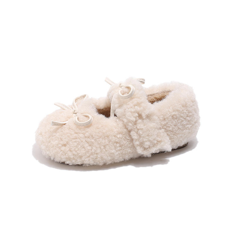 Dječji pahuljasti loafers s Velcro kopčom, okrugli vrh, ravna potplata, zimski stil, korejski stil