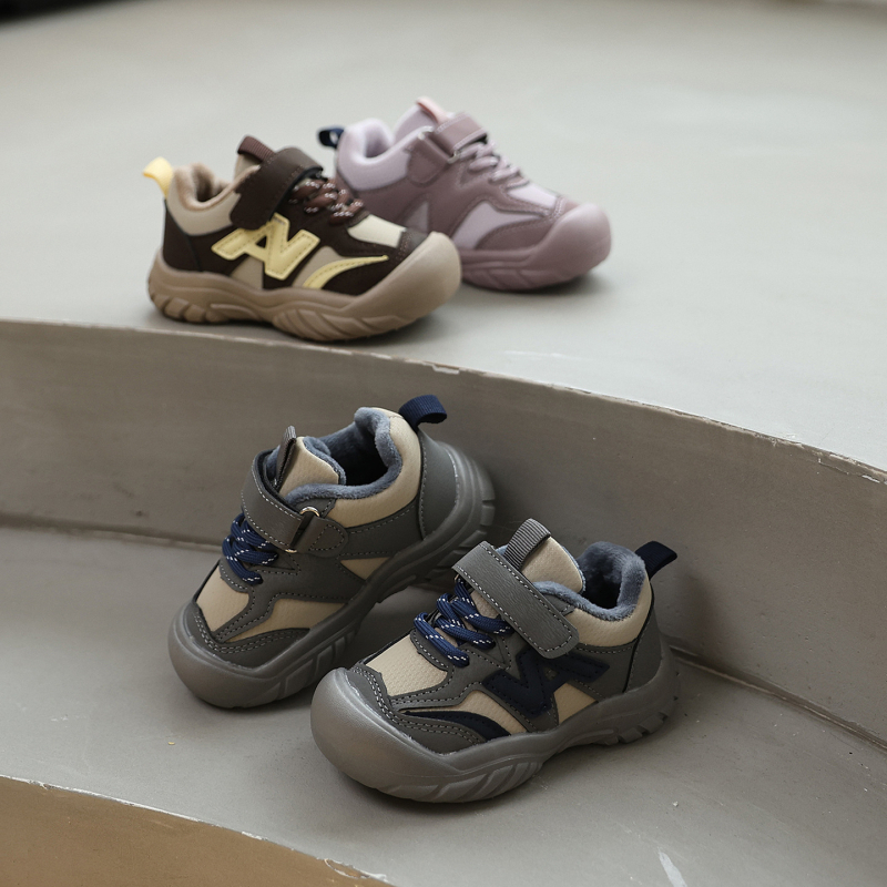 Pantofi sport pentru copii, unisex, cu Velcro, din piele artificială, talpă din cauciuc, căptușeală fleece pentru căldură