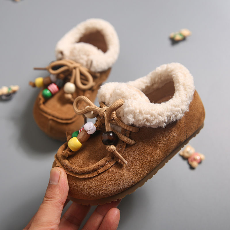 Dječje zimske cipele u stilu Birkenstock s fleec podstavom, ukrašene perlicama, kožni gornji dio, tople cipele za djevojčice