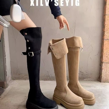 Čizme iznad koljena od velura sa debelim petama 6-8 cm