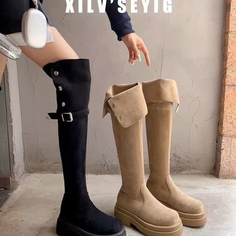 Čizme iznad koljena od velura sa debelim petama 6-8 cm