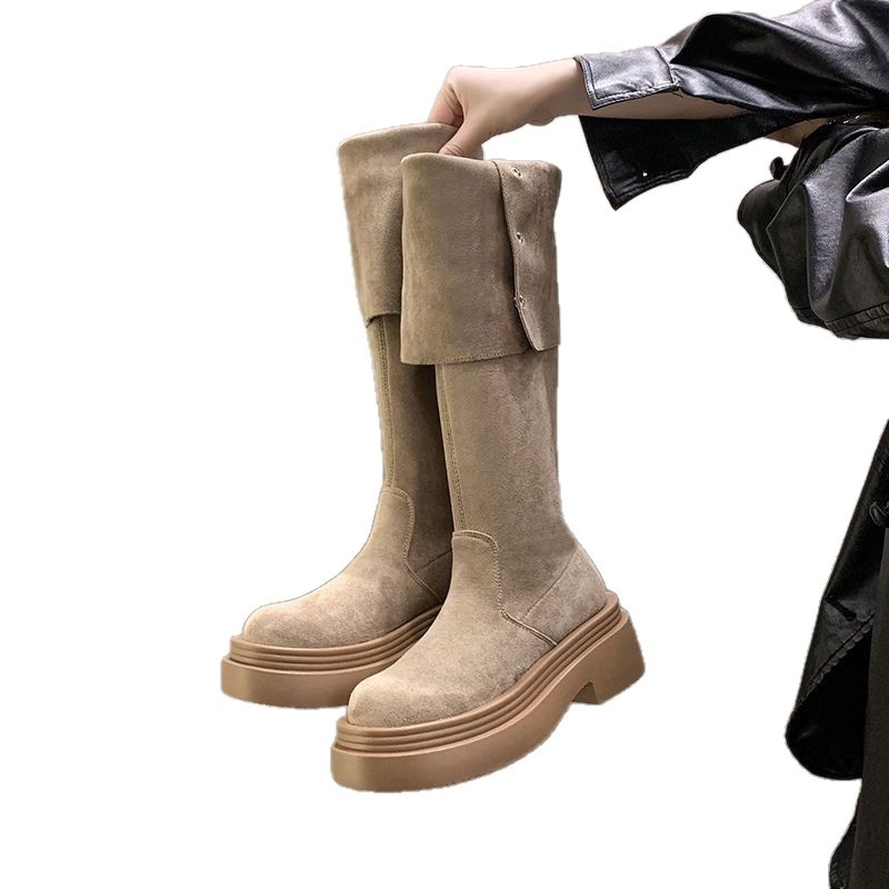 Čizme iznad koljena od velura sa debelim petama 6-8 cm