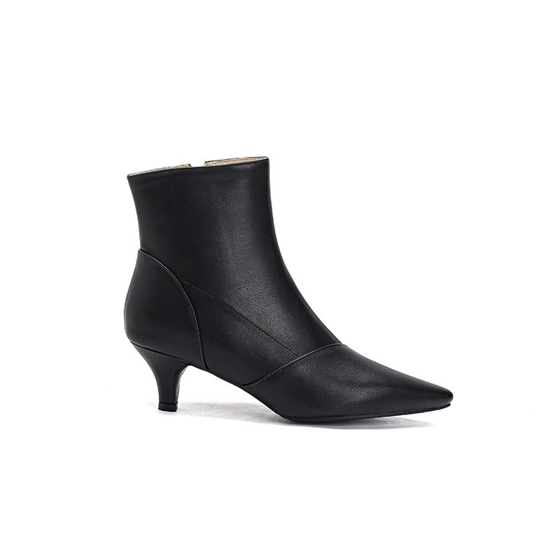 Ženske modne čizme – špičat nos, niski gležanj, srednje visok potpetica; vanjski materijal PU; bočno zatvaranje zipom.