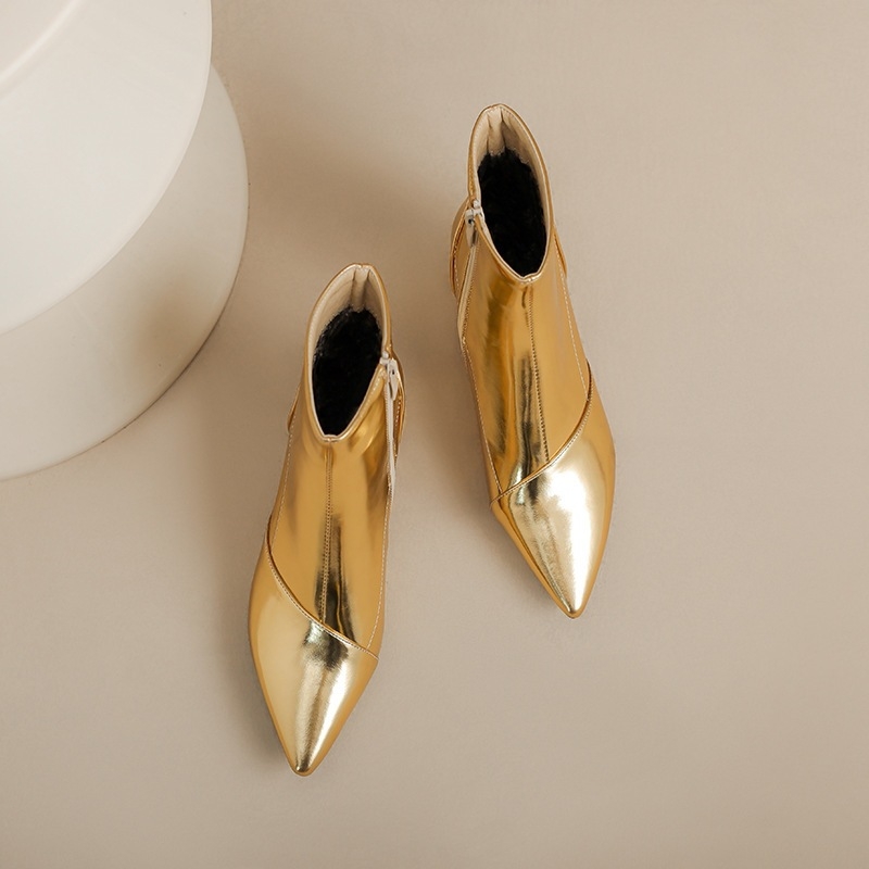 Ženske modne čizme – špičat nos, niski gležanj, srednje visok potpetica; vanjski materijal PU; bočno zatvaranje zipom.