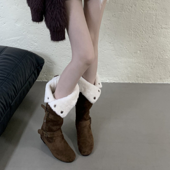 Ženske modne čizme s umjetnim velurom, okrugli vrh, kratka potkoljenica, debeli pet, zatvarač na stražnjoj strani