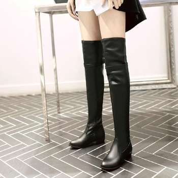 Ženske Martin čizme iznad koljena, PU koža, gumeni potplat, bočni zatvarač, debeli potpetice 6–8 cm