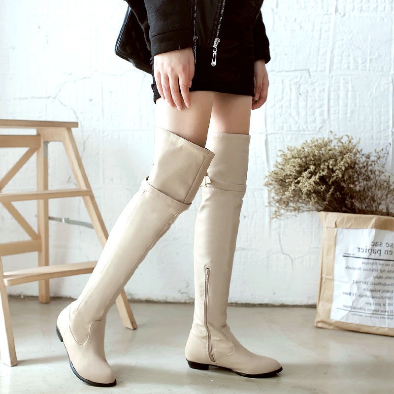 Ženske Martin čizme iznad koljena, PU koža, gumeni potplat, bočni zatvarač, debeli potpetice 6–8 cm