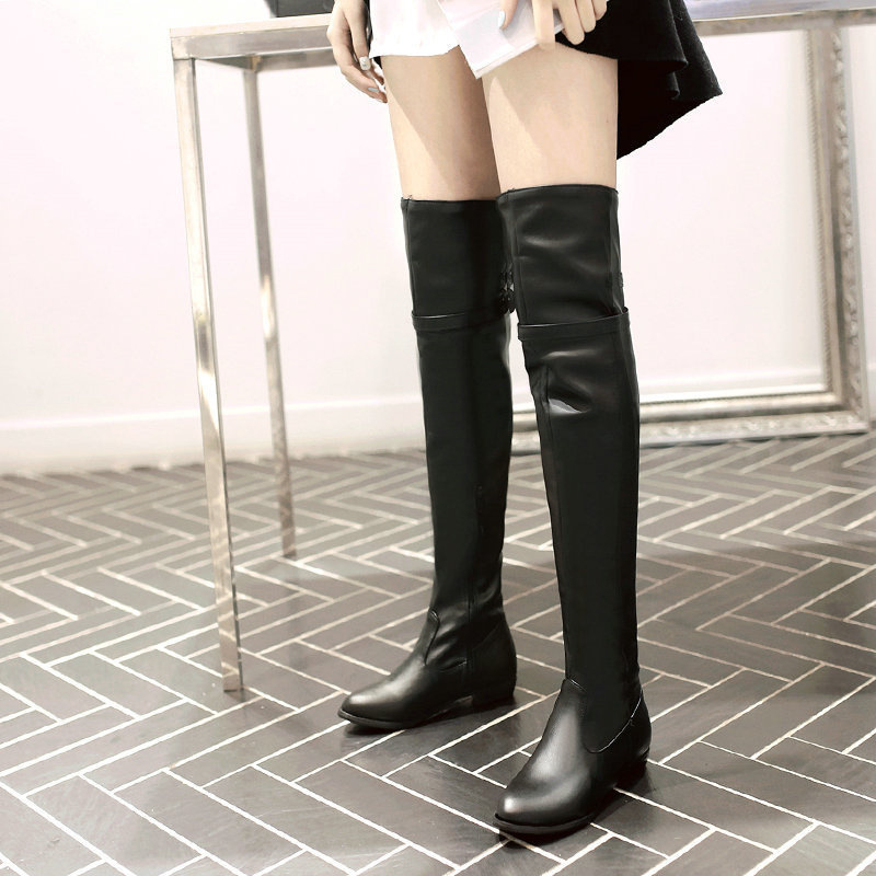 Ženske Martin čizme iznad koljena, PU koža, gumeni potplat, bočni zatvarač, debeli potpetice 6–8 cm