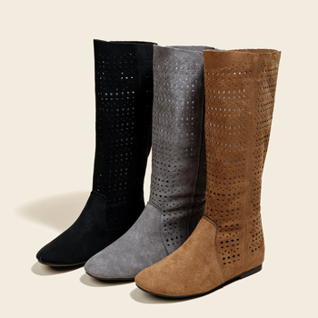 Ženske čizme u francuskom stilu, visoki goljen, velur, okrugli vrh, pet 3-5 cm, ulošak za povećanje visine